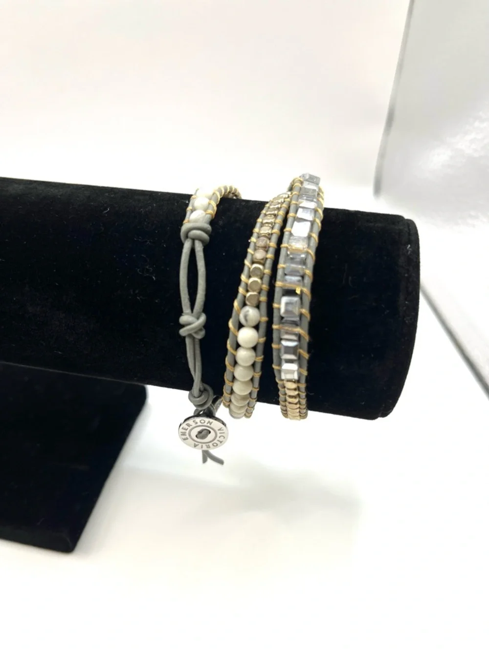 Victoria Emerson White and Gold Multi-Strand Wrap Bracelet Gray Leather